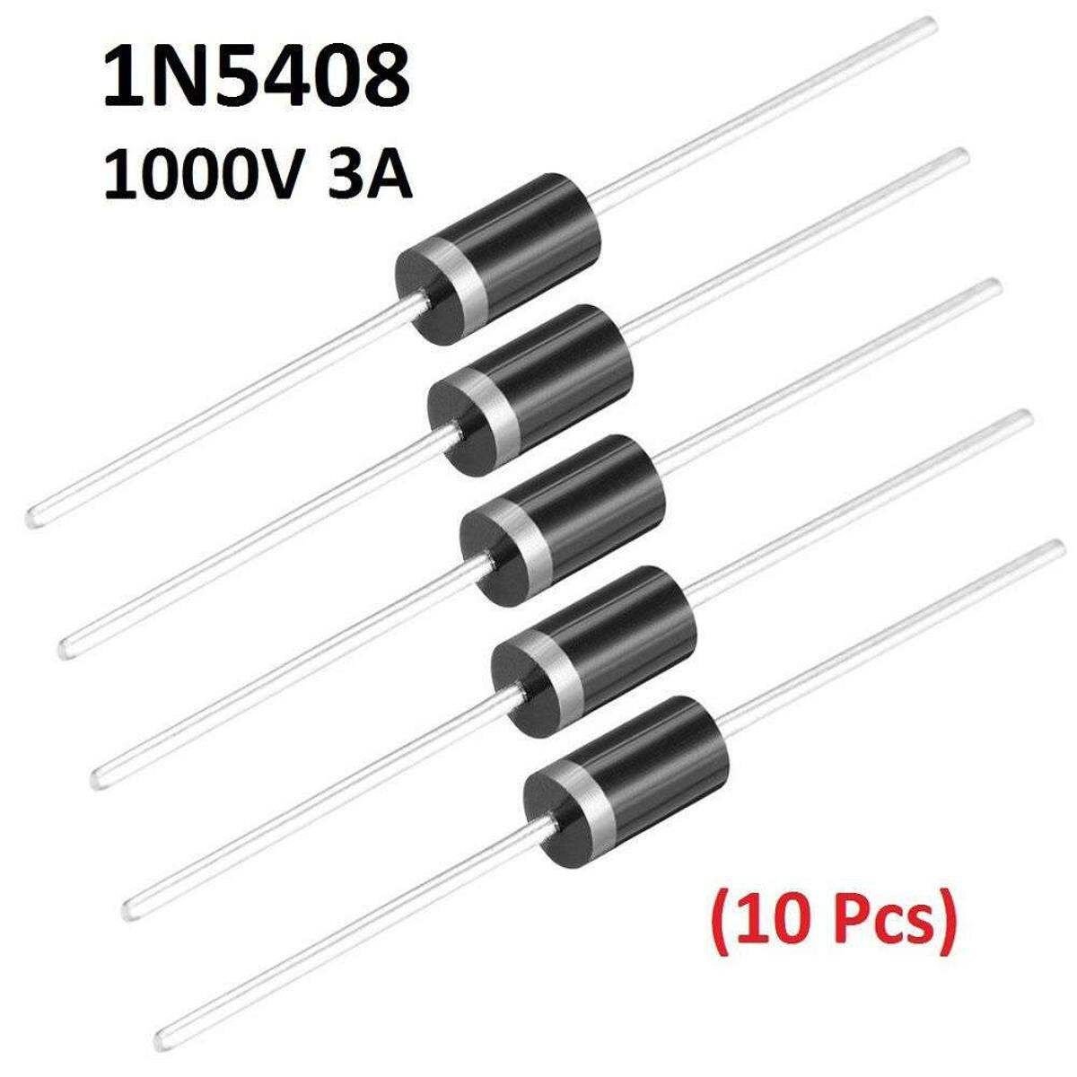 10-piece pack of 1N5408 rectifier diodes provides heavy-duty components designed for converting alternating current (AC) to direct current (DC)