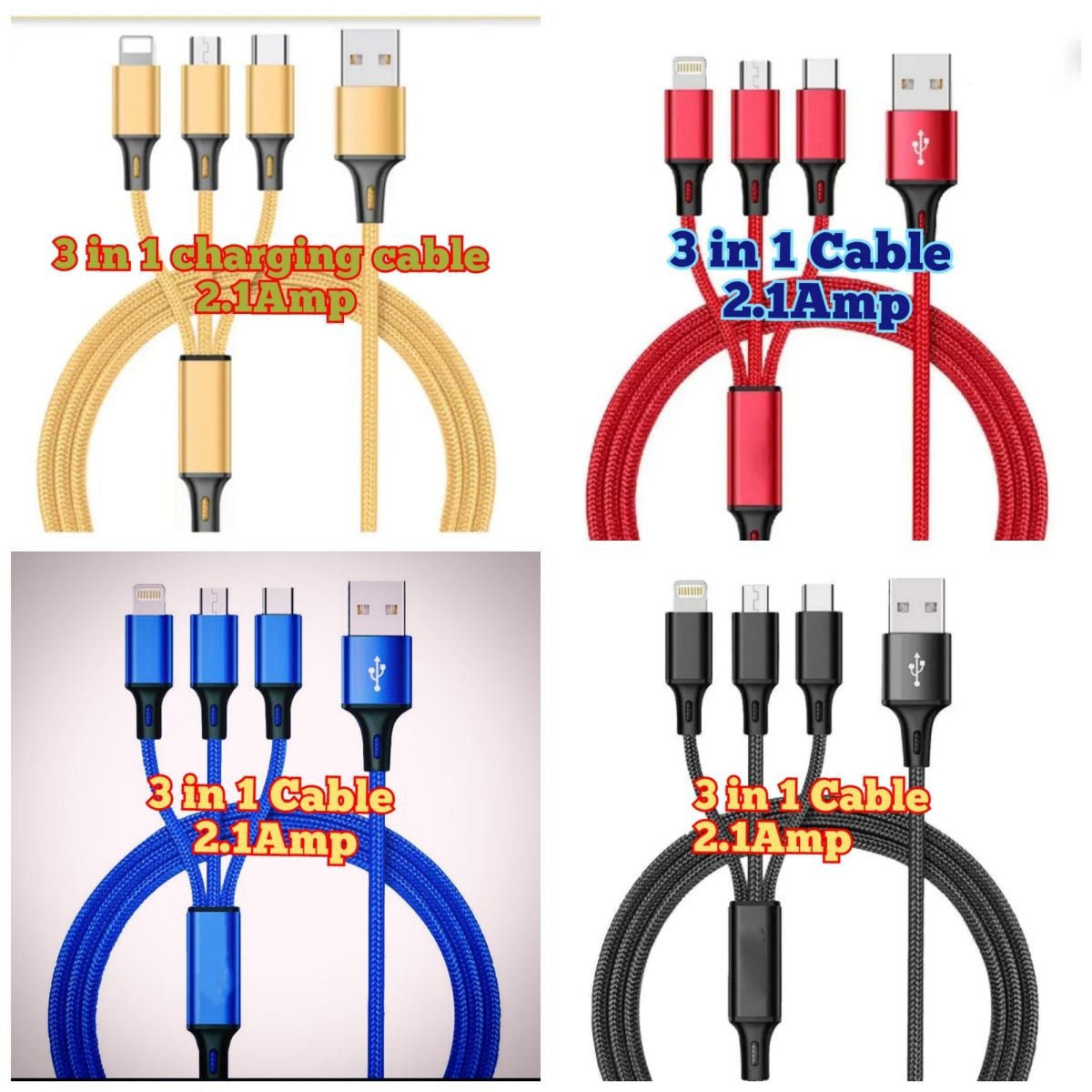 3 in 1 USB data cable fast charging 2.4A supported fast charging cable for mobile