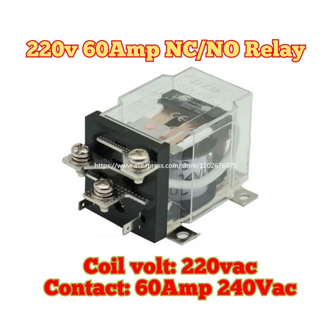 1Piece JQX-60F 1Z 60A 220V AC Coil Power High Power Relay  Connector type	Solder Contact type	spdt Mounting type	Screw Mount Brand	Aexit Operation mode	Automatic About this item Product Name : Power Relay;Model : JQX-40F Coil Voltage : AC 220V;Contact Cap