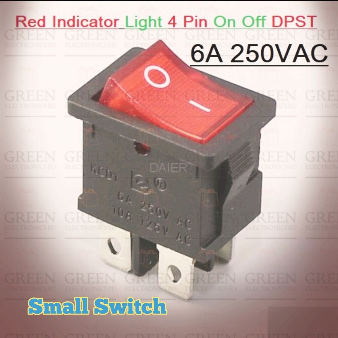 1pc Small Red Indicator Light 4 Pin On Off DPST Rocker Switch 2 Positions 6A/250VAC 10A/125VAC