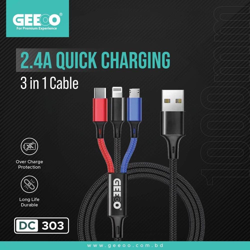GEEOO DC-303 2.4A Super Fast Charging 3IN 1 Cable 100cm long cable