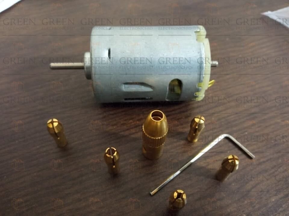 DC 12V Motor With Mini Drill Chucks Set 5 In 1 Electric Motor 2.35mm Shaft Hole Micro Clamp Socket Adapters Gold 0.5mm 1mm 1.5mm 2mm 2.5mm 3mm Drill Chuck DIY Tools Set