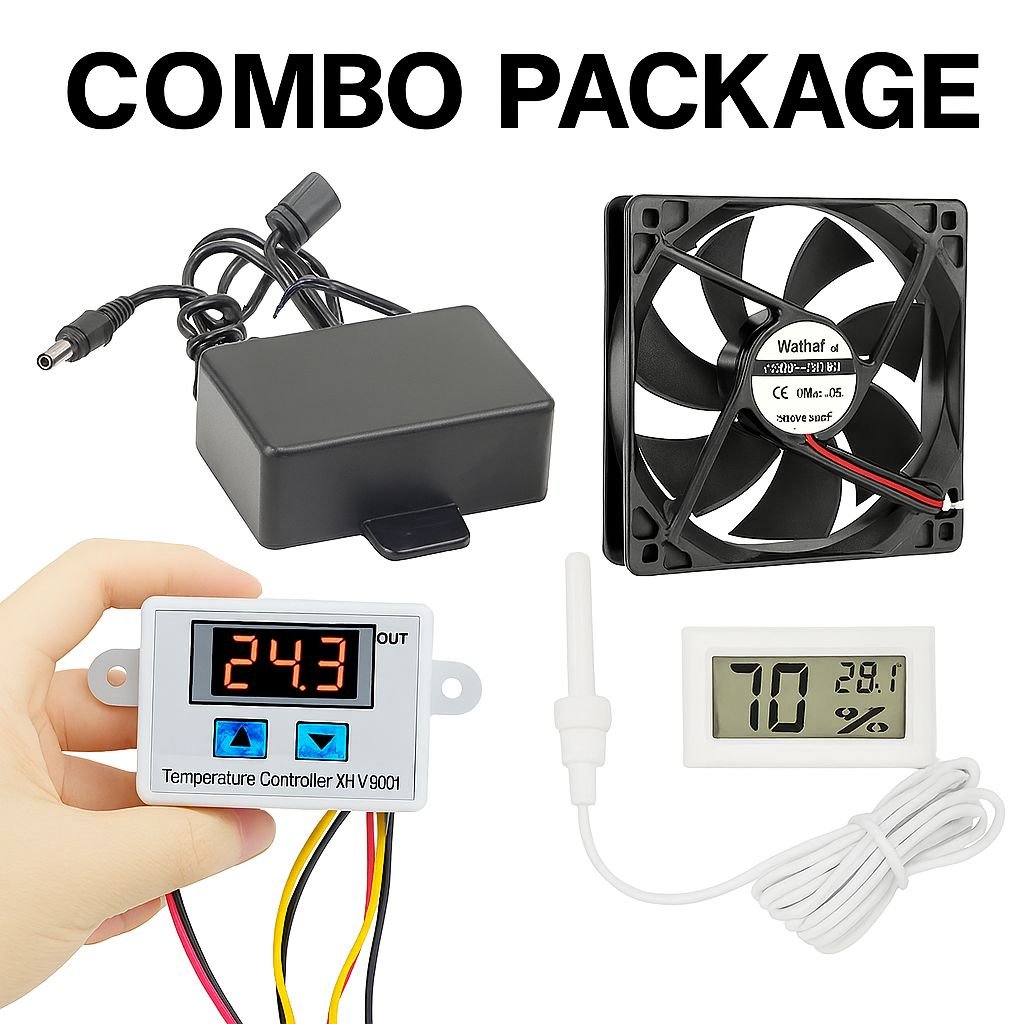 Combo for DIY Incubator W1209 12V DC Digital Temperature Controller with 12v 2amp Adapter, Lcd Temperatur Meter, Temperatur XH-W3001 Controller, near 4 inc 12v Coller Fan. incubator controller combo pack