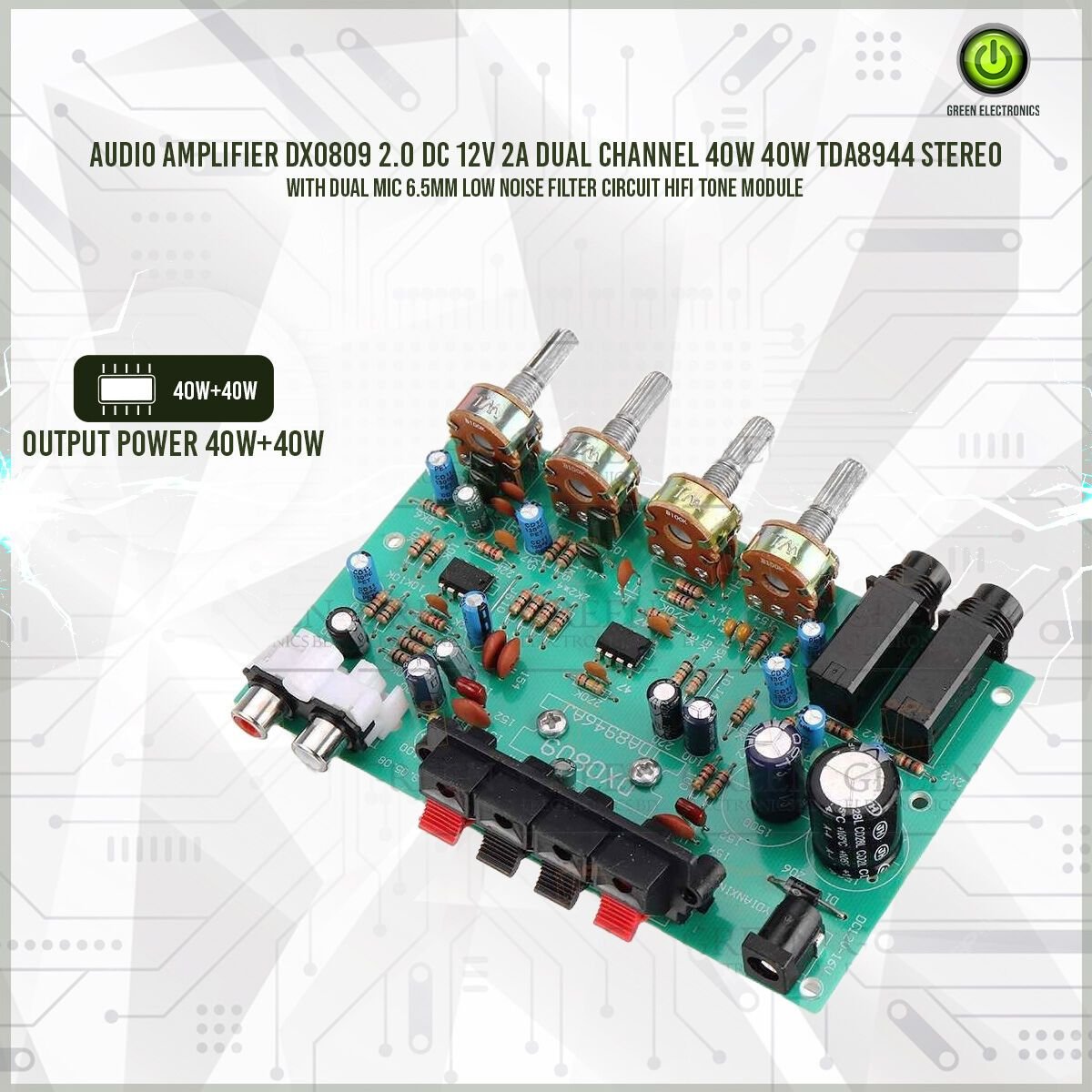 Audio Amplifier DX0809 2.0 DC 12V 2A Dual Channel 40W 40W TDA8944 Stereo With Dual MIC 6.5mm Low Noise Filter Circuit HIFI Tone Module