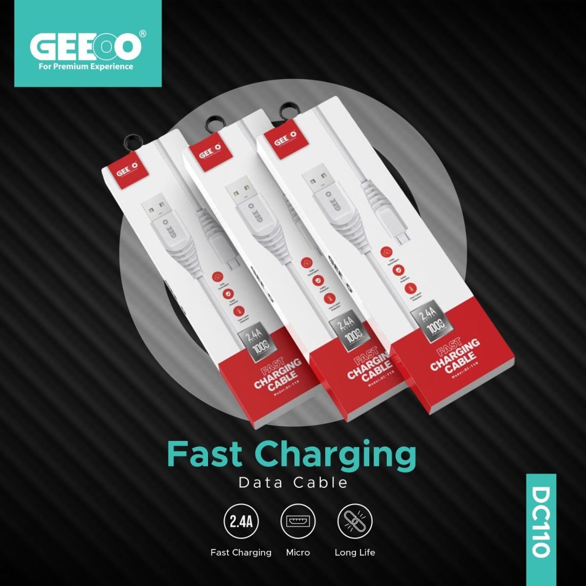 GEEOO Fast Charging 1M Long (Micro) Data Cable 2.4A Safe Charge DC110
