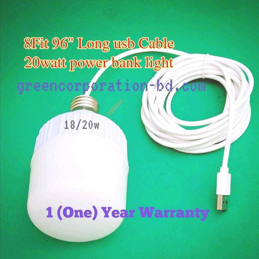 8Fit 96" Long usb cable with 20Watt Usb Power Bank Useful Led Light Bulb