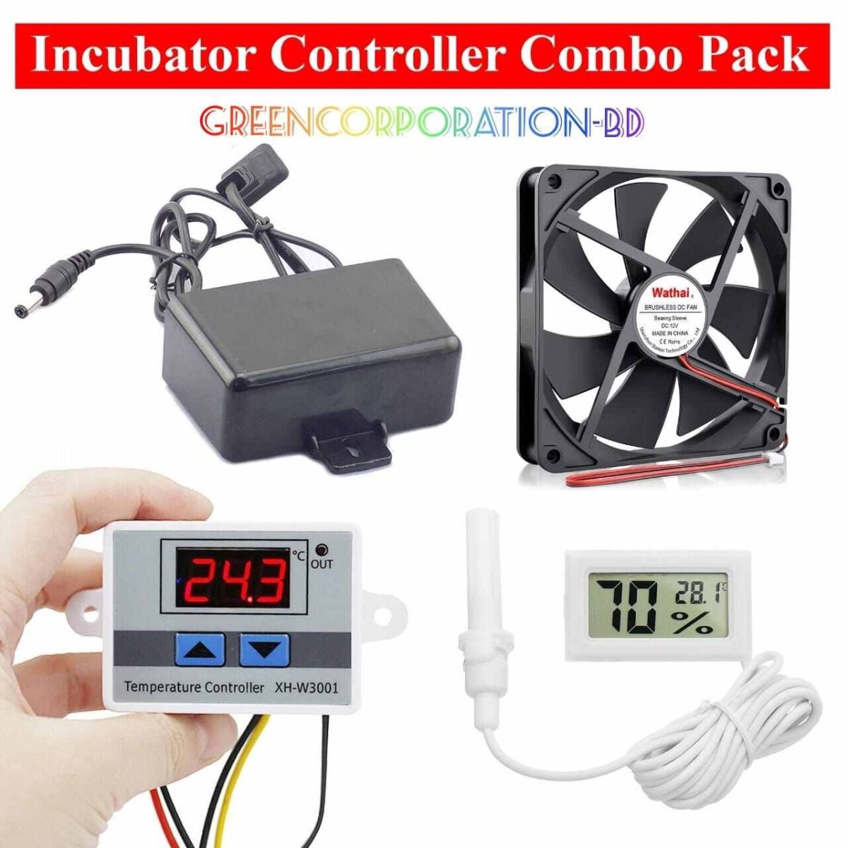 Combo for DIY Incubator W1209 12V DC Digital Temperature Controller with 12v 2amp Adapter, Lcd Temperatur Meter, Temperatur XH-W3001 Controller, near 4 inc 12v Coller Fan. incubator controller combo pack