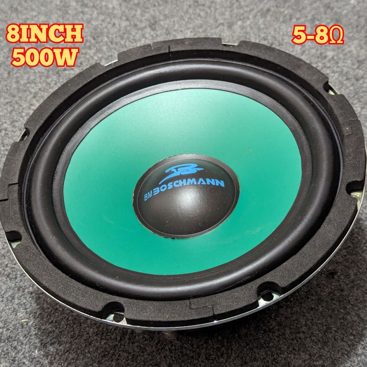 SUBWOOFER BOSCHMANN 500 WATTS 8" SPEAKER Boschmann 8-inch subwoofer with a peak power handling capacity of 500 watts.